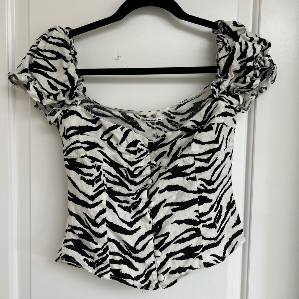 Reformation Zebra Print Blouse Size Small Linen